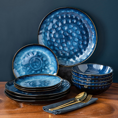 VANCASSO ensemble de dîner étoilé Vintage Look céramique bleu 12/24/36 pièces service de vaisselle en grès avec assiette, assiette à Dessert, bol ► Photo 1/6