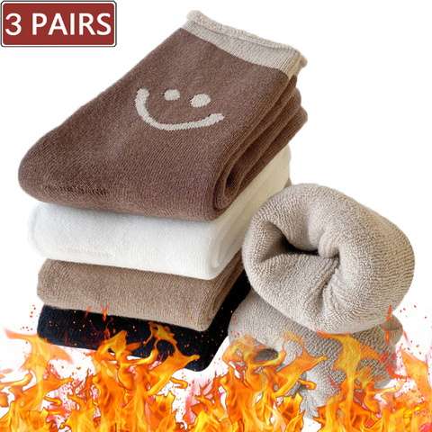 3 paires femmes thermique chaud hiver chaussettes Smiley tendance laine chaussettes moelleux flou cachemire neige coton blanc noir solide sommeil chaussettes ► Photo 1/6