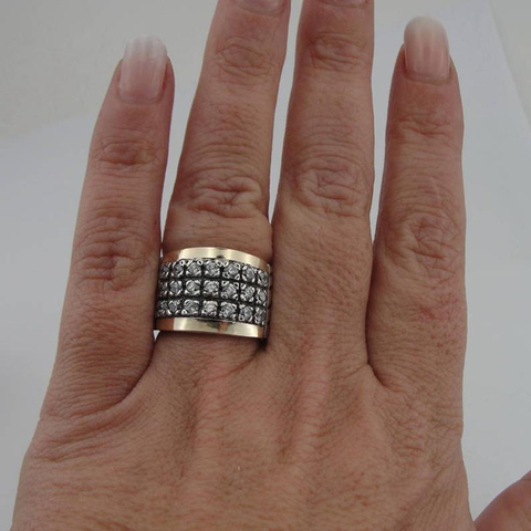 Vintage deux tons trois lignes pierre blanche large anneau pour femmes hommes fête de mariage Banquet rétro anniversaire bijoux T4M861 ► Photo 1/5
