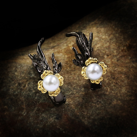 2022 Vintage or noir perles d'eau douce boucles d'oreilles pour les femmes mignon fleur 925 en argent Sterling boucles d'oreilles pendantes cadeau de noël ► Photo 1/5