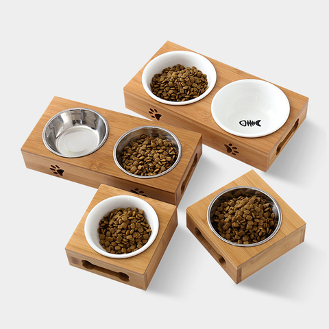 Bol en céramique en bambou pour chien et chat, Double bol antidérapant, Table en bois de bambou pour chaton, petit bol alimentaire pour chien ► Photo 1/6