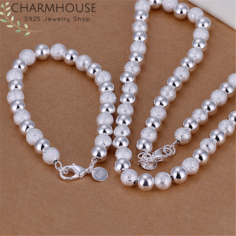 Charmhouse-ensemble de bijoux pour femmes, argent 925, Collier, perles de 8mm, chaîne, Bracelet, décoration, 2 pièces ► Photo 1/6