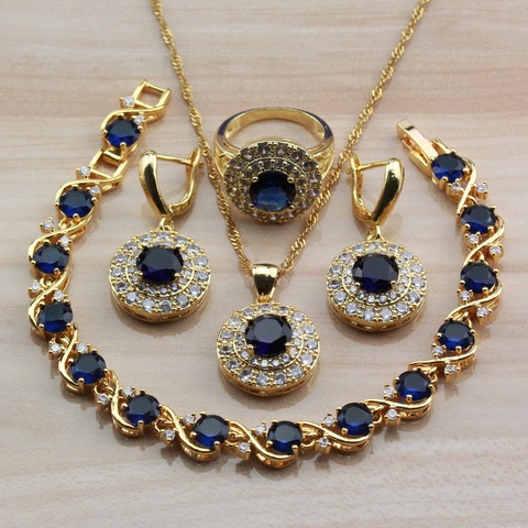 Ensembles de bijoux de couleur or jaune zircon cubique bleu rond incroyable pour les femmes ► Photo 1/6