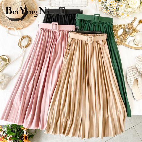 Beiyingni – jupe Midi plissée de Style coréen pour femmes, décontractée, nouvelle mode, taille haute, élastique, élégante, noire, rose, avec ceinture ► Photo 1/6