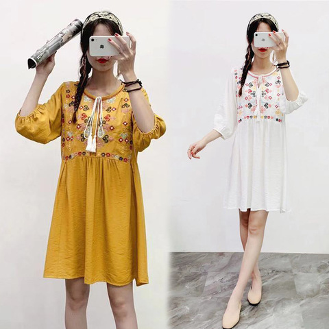 Robe ethnique bohémienne brodée à fleurs, col rond, Vintage, rétro, ample, tenue de plage Chic, été, 2022 ► Photo 1/6