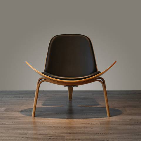 Chaise nordique moderne en cuir avec dossier en bois massif, fauteuil de loisirs, mobilier de maison, canapé simple, coque ► Photo 1/6