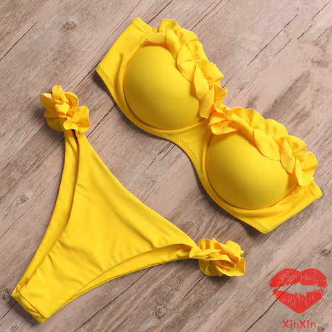 Maillot de bain Bandeau, culotte tanga Sexy, soutien-gorge Push Up à volants, ensemble deux pièces, léopard, brésilienne, costume de bain, maillot de bain Bikini pour femme ► Photo 1/6