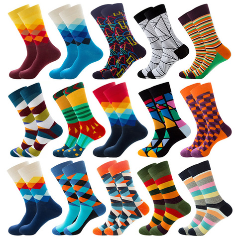 Hommes heureux coloré rayé chaussettes qualité Plaid diamant motif Argyle géométrique Harajuku coton peigné chaussette cadeau de noël ► Photo 1/6