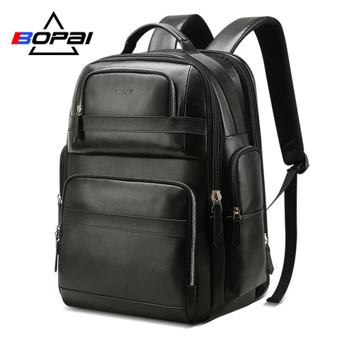 BOPAI – sac à dos de luxe en cuir véritable pour homme et femme, accessoire de voyage noir, couche supérieure en cuir de vache, pour Business, ordinateur portable ► Photo 1/6