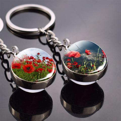 Porte-clés en fleur avec motif de pavot, boule de verre Double face, porte-clés suspendu ► Photo 1/6