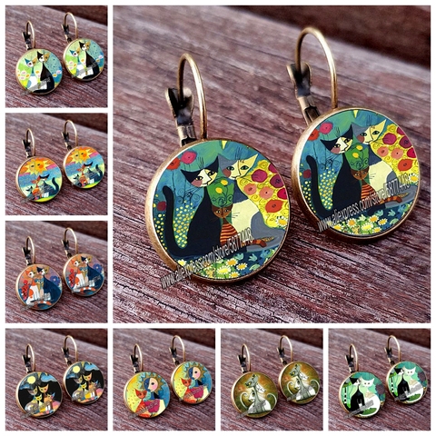 Boucles d'oreilles pour femmes, famille colorée de chats et de filles, peinture à l'huile abstraite, Cabochon en verre de 15mm, cadeau pour mariage ► Photo 1/6