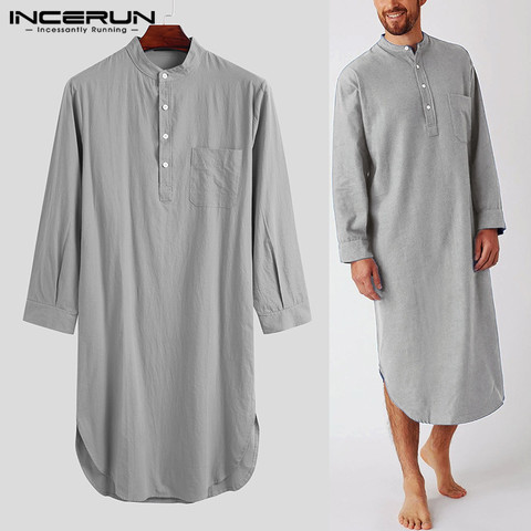 INCERUN coton hommes sommeil Robes couleur unie à manches longues chemise de nuit O cou loisirs hommes peignoirs confort 2022 Homewear grande taille ► Photo 1/6