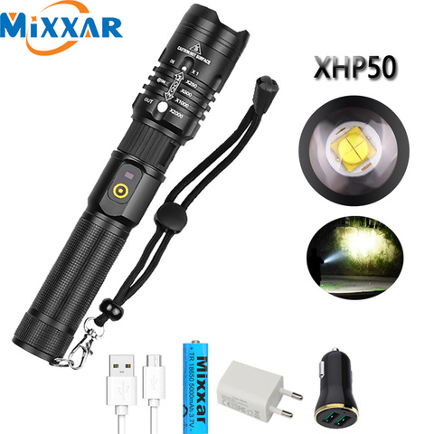 Lampe de poche à lumière LED XHP50, zoomable, super lumineuse, torche Rechargeable par USB, lanterne à piles 18650, pour camping, livraison directe ► Photo 1/6