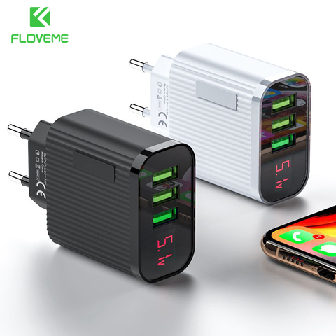 FLOVEME – chargeur de téléphone intelligent 15W, Charge rapide, affichage numérique, adaptateur mural de voyage, 3 ports USB, prise ue, 3A ► Photo 1/6