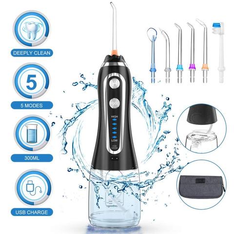 Irrigateur Oral portatif 300ml Jet dentaire de Flosser de l'eau 5 Modes fil dentaire USB irrigateur Rechargeable nettoyeur dentaire de dents + sac ► Photo 1/6