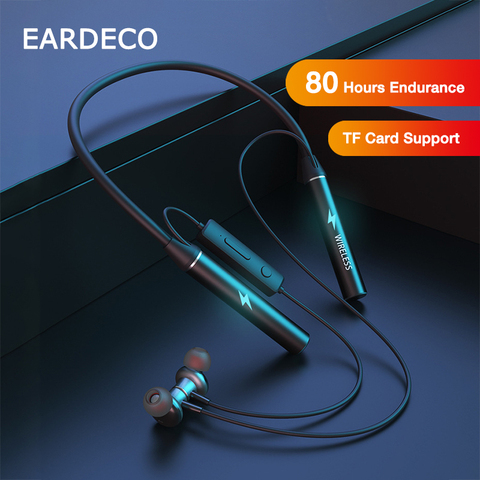 EARDECO – écouteurs Bluetooth magnétiques sans fil, casque d'écoute stéréo, bande de cou, carte TF, 80 heures d'autonomie ► Photo 1/6