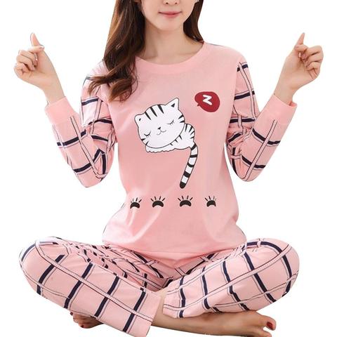 Hiver mignon dessin animé chat imprimer pyjama ensemble femmes deux pièces à manches longues vêtements de nuit sous-vêtements filles pyjama ensembles ► Photo 1/5