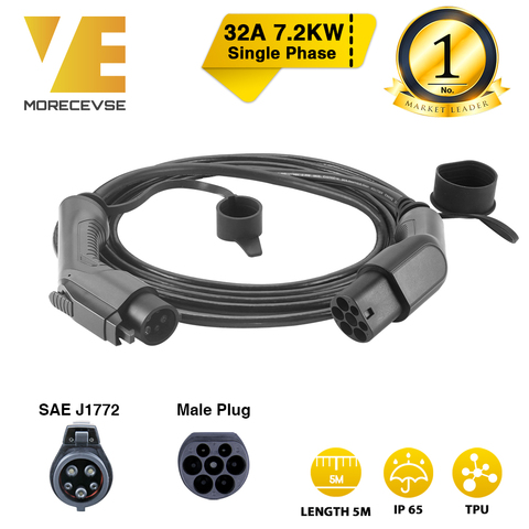 Morec EV Câble de charge pour connecter Station de recharge à véhicule électriquechargeur de voiture Type 1 à 2 Norme SAE J1772 5M 32A 7.2KW ► Photo 1/6