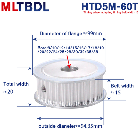 Poulie de synchronisation en alliage d'aluminium, 5M Type 60T alésage 12/14/15/19/20/22/25/28/30mm 60 dents 5mm pas 16mm largeur HTD5M ► Photo 1/6