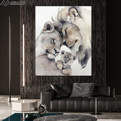 Simple moderne toile impression Lion famille affiche et impressions Hoom décor salon mur art Animal photo abstraite peinture à l'huile Image de chevet d'impression personnalisée HD ► Photo 1/6