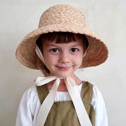 Chapeau de soleil en raphia tricoté à la main pour enfants, chapeau de paille rétro à dessus plat pour filles et garçons, pour voyage d'été, pour vacances, avec laçage, S1161 ► Photo 1/6