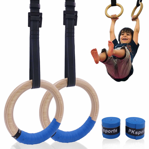 Anneaux de gymnastique en bois pour enfants, 25mm, anneau de gymnastique avec sangles réglables, boucles, Fitness d'intérieur, Crossfit, terrain de jeu à domicile, traction ► Photo 1/6