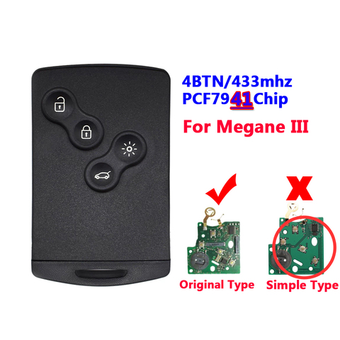 Livraison gratuite (5 pcs/LOT) 4 Bouton Carte à distance avec pcf7941 puce 433 MHZ pour renault Megane III Laguna III Carte À Puce avant 2016 ► Photo 1/4