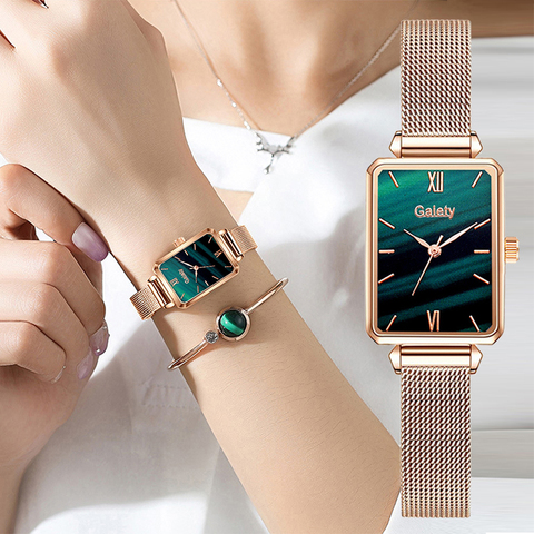 Gaiety marque femmes montres mode carré dames Quartz montre Bracelet ensemble cadran vert Simple or Rose maille luxe femmes montres ► Photo 1/6