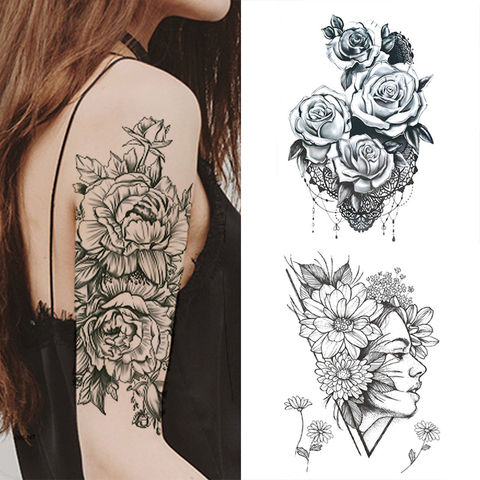 Autocollant de tatouage temporaire, autocollant, grand format, faux tatouage, pour filles, 1 unité, Design, Roses noires, fleur complète, bras, Body Art, mode ► Photo 1/6