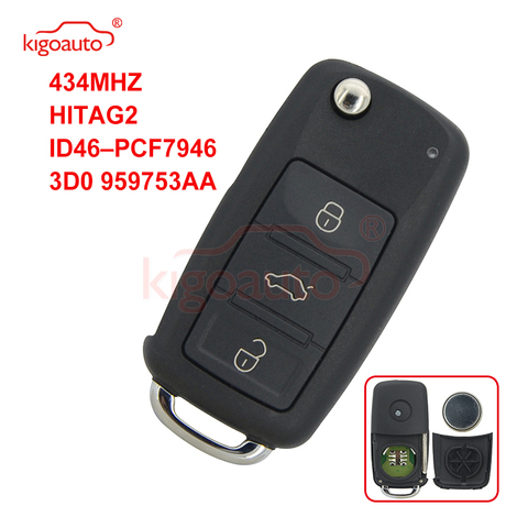 Kigoauto-clé télécommande à 3 boutons, 433.9MHZ, ASK/FSK HITAG-2, ID46 PCF7946, HU66 3D0 959, 753 AA 3D0 959, 753 AM ► Photo 1/6