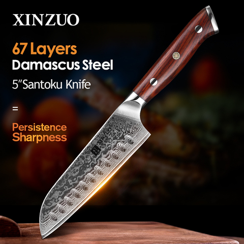 XINZUO-couteaux de cuisine, Santoku de 5 pouces, couteau de Chef en acier, damas, nouvelle viande, fruits et légumes avec manche en bois de rose ► Photo 1/6