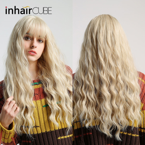 ESIN Ombre Blonde brune longue ondulée résistant à la chaleur perruques synthétiques avec frange pour les femmes perruque utilisation et Cosplay cheveux naturels bouclés ► Photo 1/6