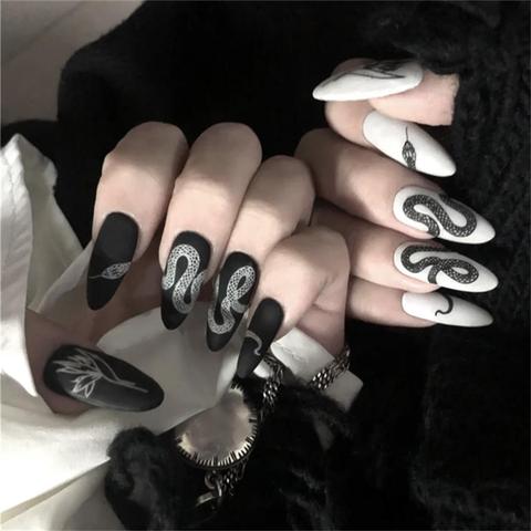 Faux-ongles artificiels pour manucure, longs Stiletto, Punk, avec motif de serpent, noirs, blancs, mats, 24 pièces/ensemble ► Photo 1/6