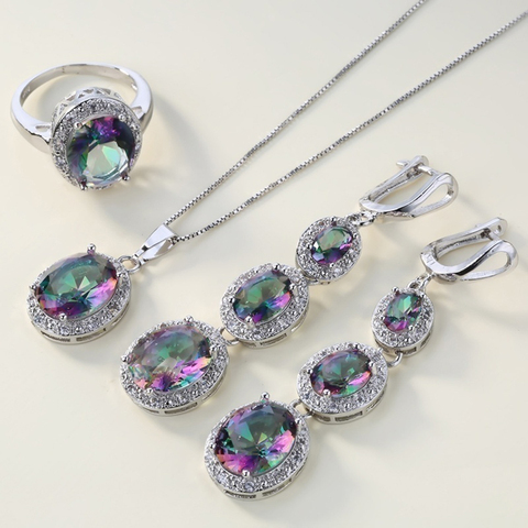 4 pièces/ensemble ensembles de bijoux multicolore cristal Faux incrusté anneau boucles d'oreilles pendentif collier pour les femmes géométrique Design bijoux de mariage ► Photo 1/6