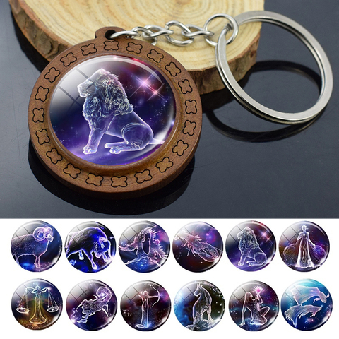 Porte-clés Constellation en bois, pendentif signe du zodiaque, bélier, taureau Gemini Cancer Leo scorpion, cadeaux d'anniversaire pour hommes et femmes 12 ► Photo 1/6