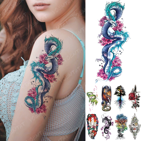 Autocollant de tatouage temporaire imperméable bleu glace Dragon fleur de prunier tatouages Flash arbre généalogique renard Art corporel bras faux Tatoo femmes hommes ► Photo 1/6