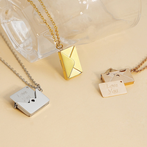 Collier médaillon enveloppe couleur or Rose or argent, pendentif Message Secret Love you pour fille, cadeau de fête des mères ► Photo 1/6