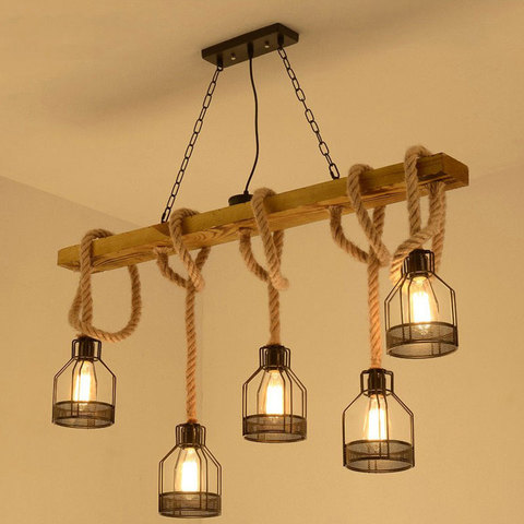 Loft suspension lampe salle à manger restaurant café salon corde de chanvre bois plafond lustre éclairage vintage droplight ► Photo 1/6