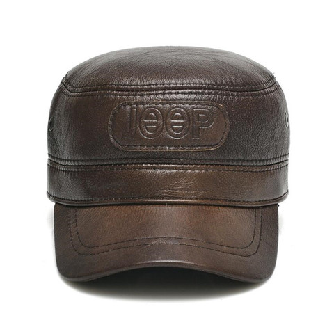 XdanqinX chapeau militaire en cuir | Chapeaux plats pour hommes, chapeau militaire en cuir véritable, taille réglable hommes marques en cuir de vache, couvre-oreilles chaud ► Photo 1/6