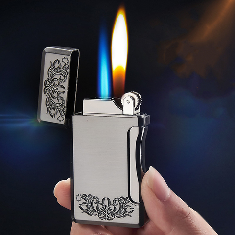 Nouveau Double flamme Butane gaz cigare allume-cigare feu libre droit Jet briquet métal coupe-vent torche Turbo silex briquet à gaz ► Photo 1/6