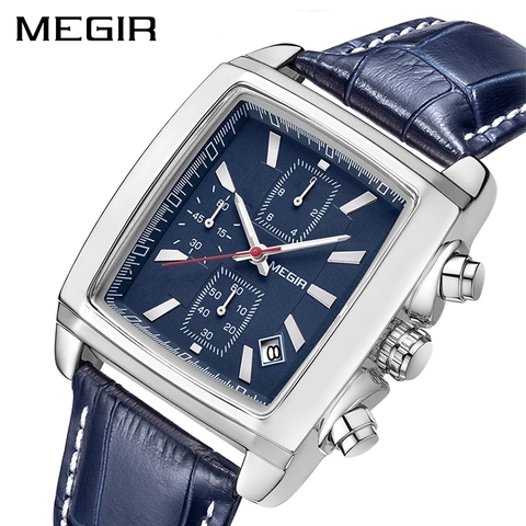 MEGIR – montre en cuir bleu pour hommes, marque de luxe, chronographe, à Quartz, militaire, étanche, lumineuse, 2028 ► Photo 1/6