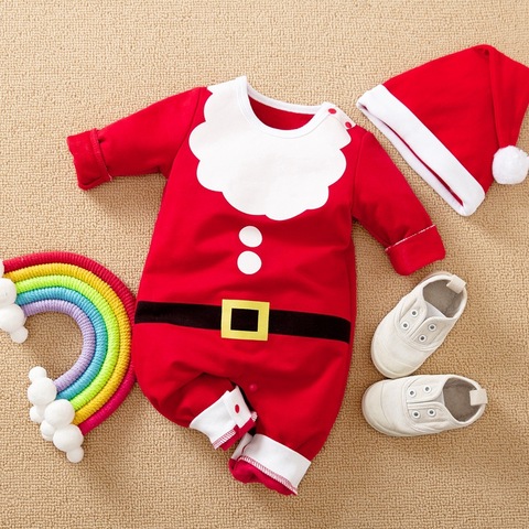 Enfant en bas âge Garçons Barboteuse Filles Enfants Bébé Noël Déguisement Père Noël Rouge Combinaisons + chapeaux 2 pièces Tenues de coton Pour Nouveau-Né 0-24M ► Photo 1/6