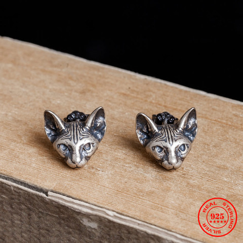 MKENDN Sphinx sans cheveux chat boucles d'oreilles pour hommes femmes en argent Sterling 925 siamois chat oreille goujons Bijoux Anti-allergie Bijoux ► Photo 1/6