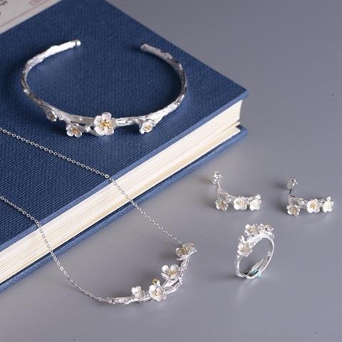 Ensemble de bijoux en argent Sterling 925, fleur de prunier Sakura, collier, boucles d'oreilles, bague, cadeau pour femmes ► Photo 1/6
