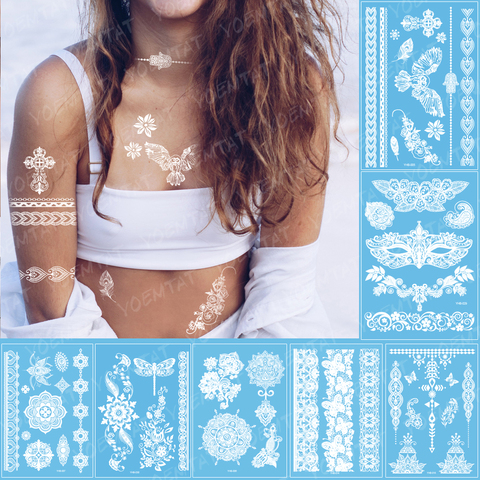 Blanc Mandala fleur henné temporaire étanche tatouage autocollant femmes mariée corps Art grand Boho Tatoo bras faux Tatto mariage ► Photo 1/6