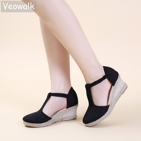 Veowalk – Espadrilles à semelles compensées en coton et lin pour femmes, sandales d'été à lanières en T, chaussures confortables à talons hauts ► Photo 1/6