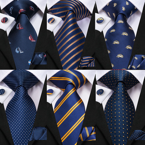 Hi-Tie soie hommes mariage cravate bleu marine rayé solide cadeau cravate pour hommes mode haute qualité Hanky bouton de manchette ensemble fête d'affaires ► Photo 1/6