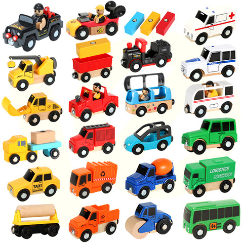 Bois chemin de fer magnétique Train jouets en bois Train piste accessoires hélicoptère voiture camion voies ferrées pièces pour enfants jouets ► Photo 1/5