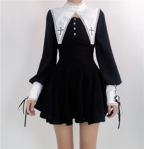 Robe Lolita noire à manches longues pour femmes, automne, gothique, Harajuku, Punk, doux, Style Preppy, Kawaii, mode tempérament, Mini robe ► Photo 1/6