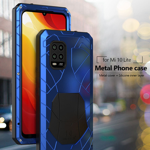 Étui pour Xiaomi Mi 10 Lite 5G avec verre trempé armure de Protection robuste antichoc en aluminium dur métal étuis de téléphone portable ► Photo 1/6